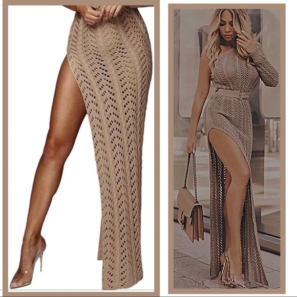 Boutique Other - High Slit One Sleeve Taupe Maxi Sweater Dress NWT